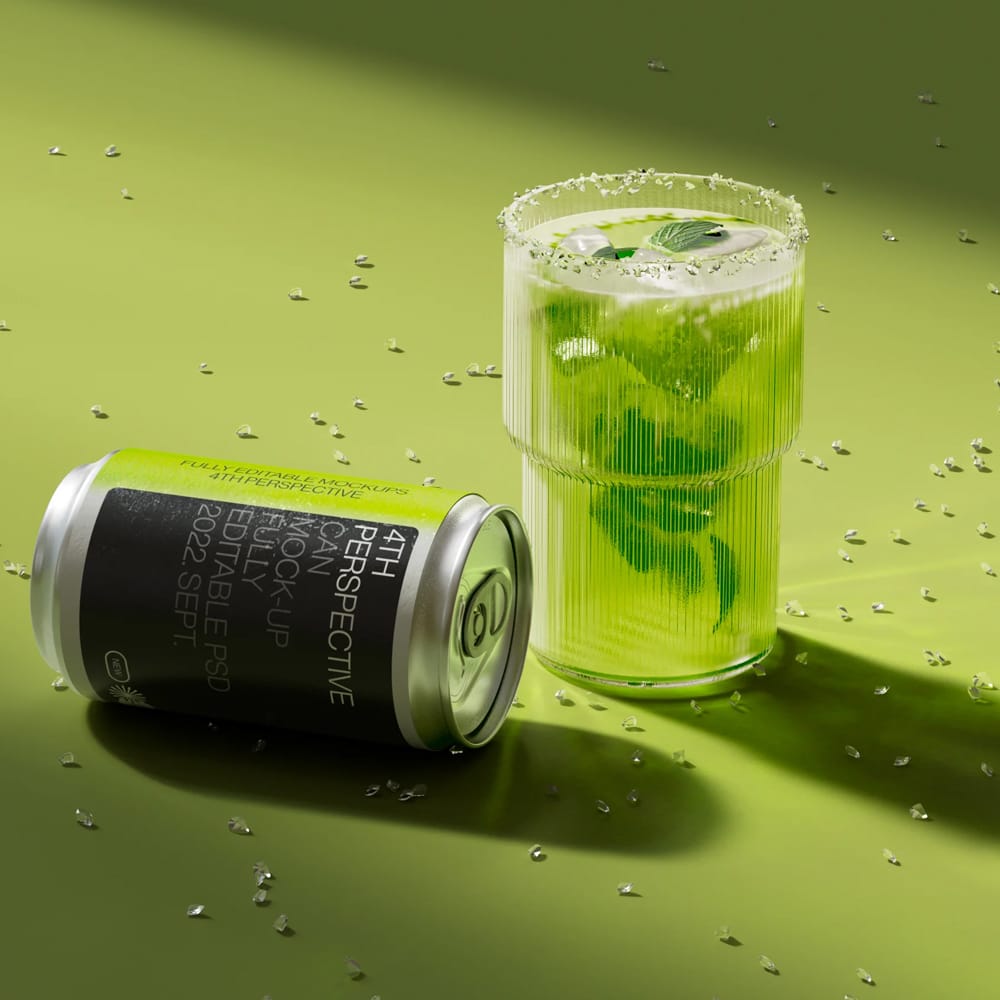 Free Can Bottle Mockup with Glass PSD