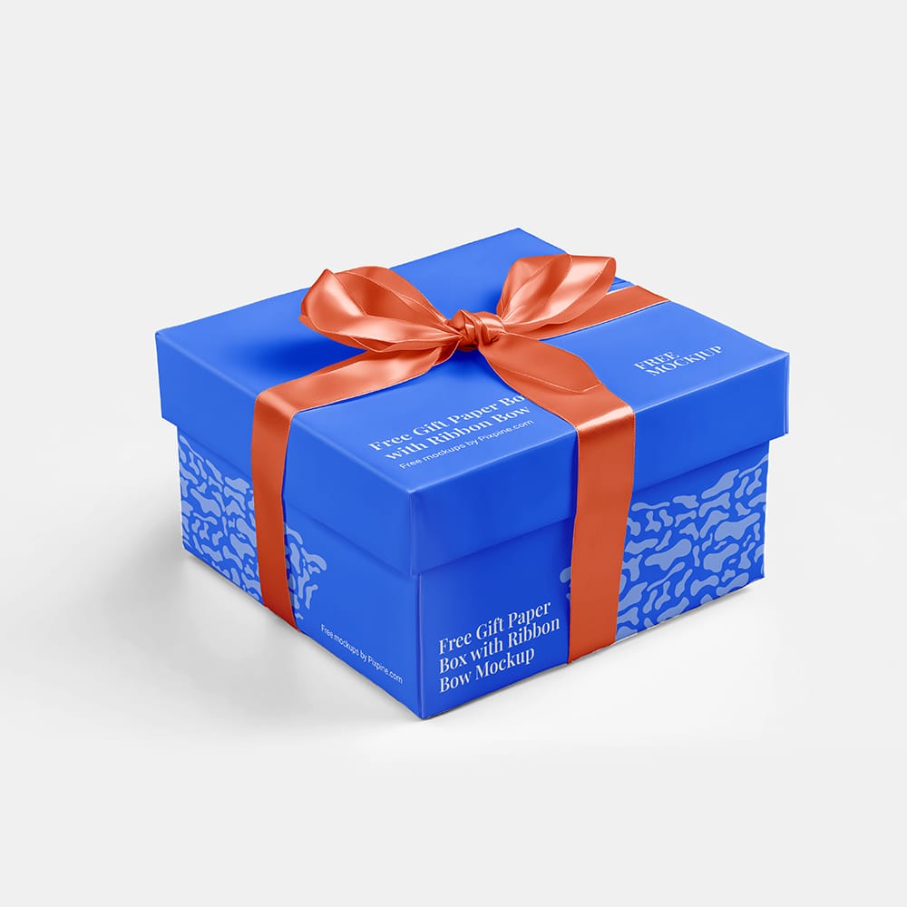 Free Gift Paper Box with Ribbon Bow Mockup PSD