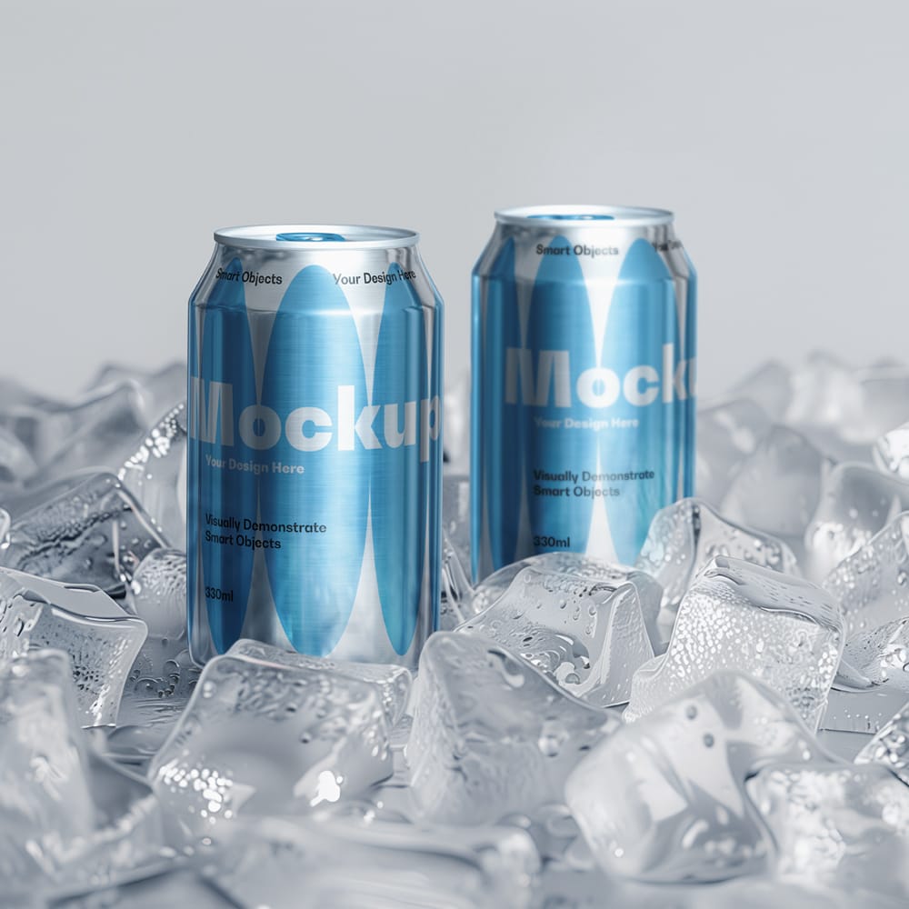 Free Ice Cubes and Soda Cans Mockup PSD