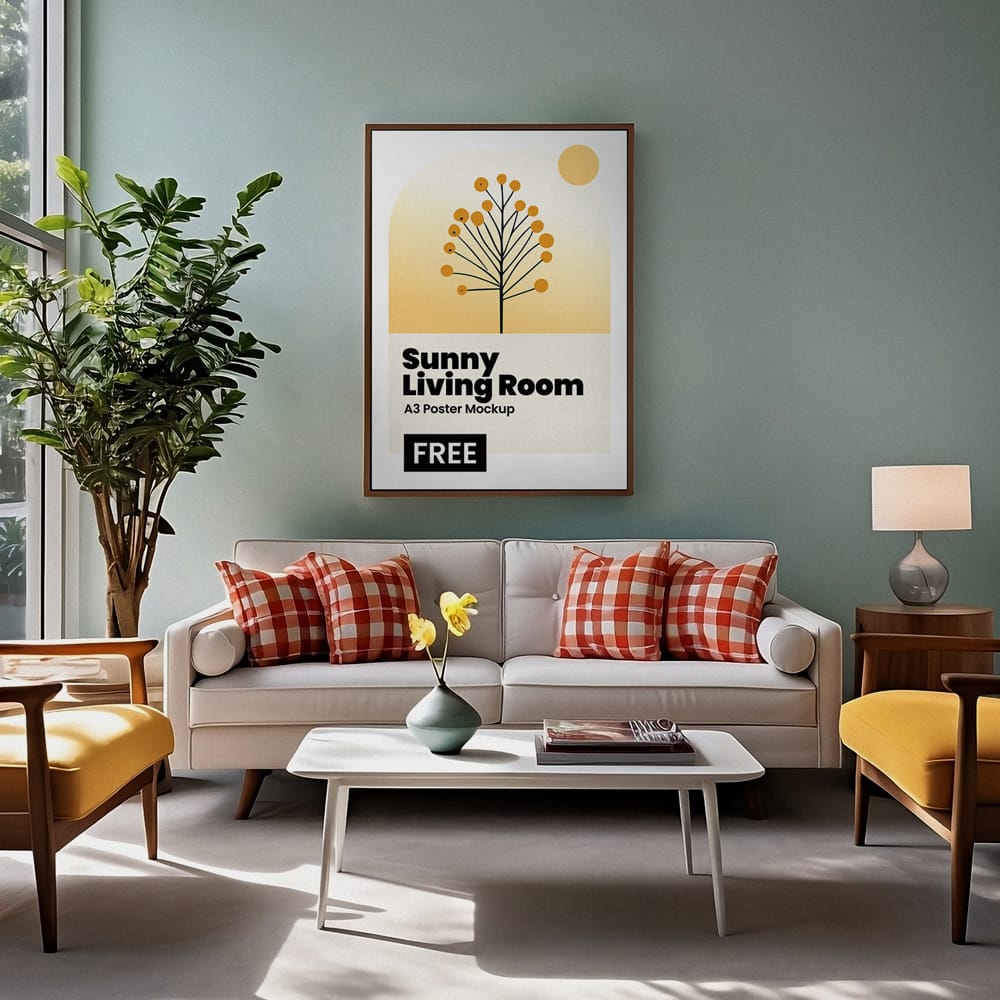 Free Sunny Living Room A3 Poster Mockup PSD