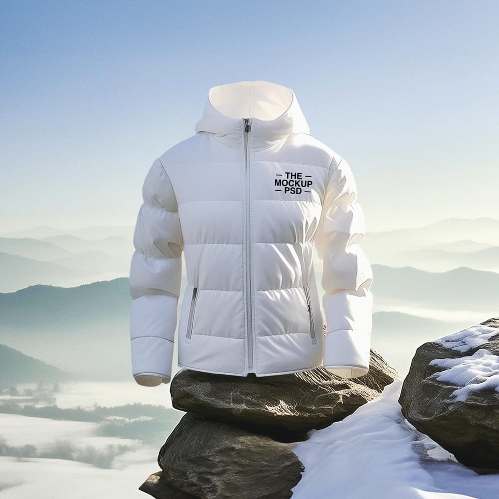 Free White Coat Mockup on Snowy Stones PSD