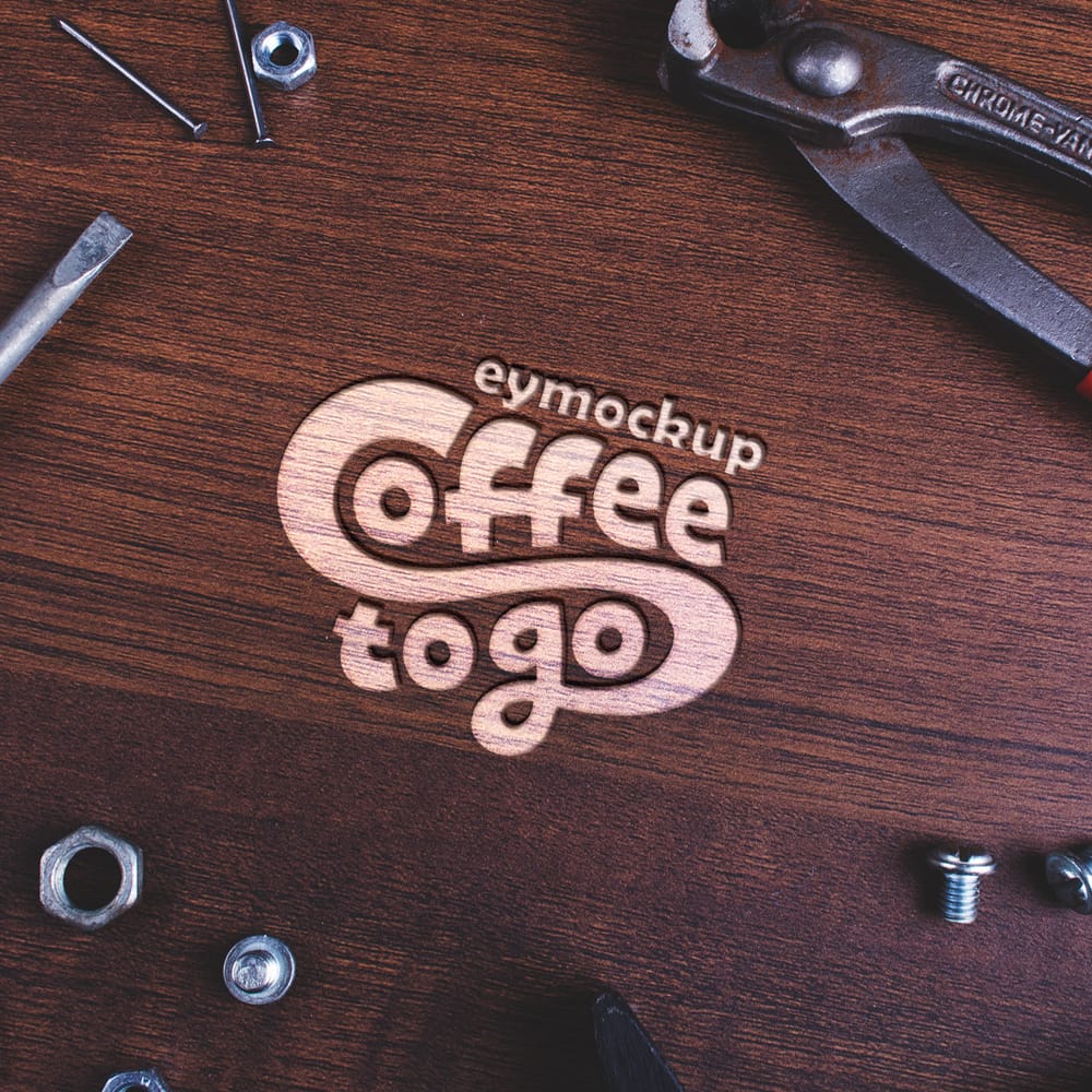 Free Wood Tool Logo Scene Mockup PSD