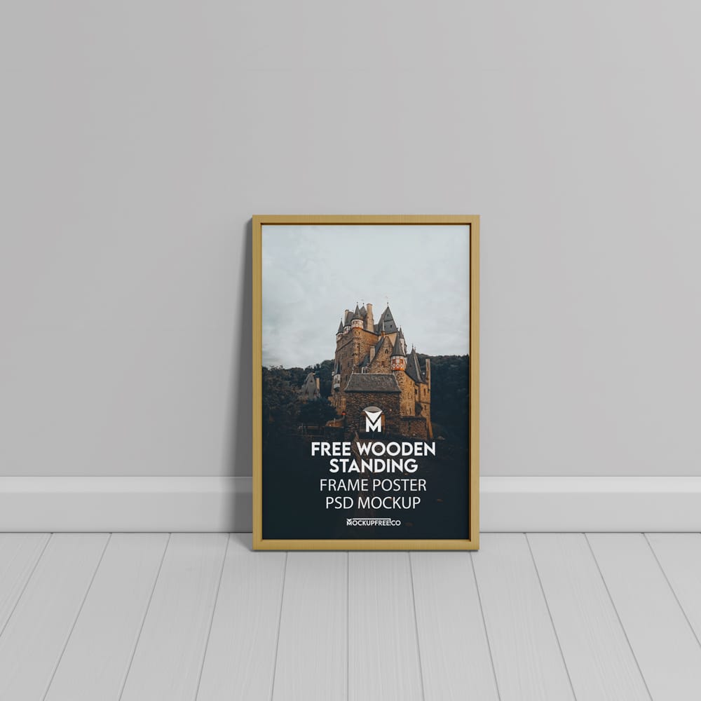 Free Wooden Standing Frame Poster Mockup PSD