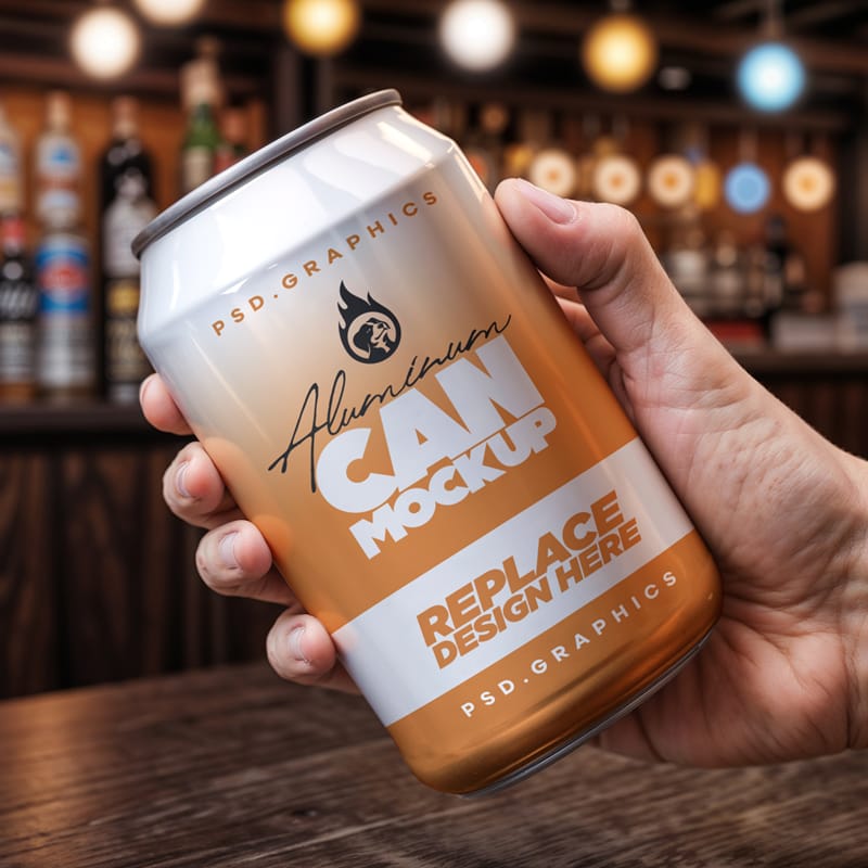 Hand Holding Aluminum Can Mockup PSD