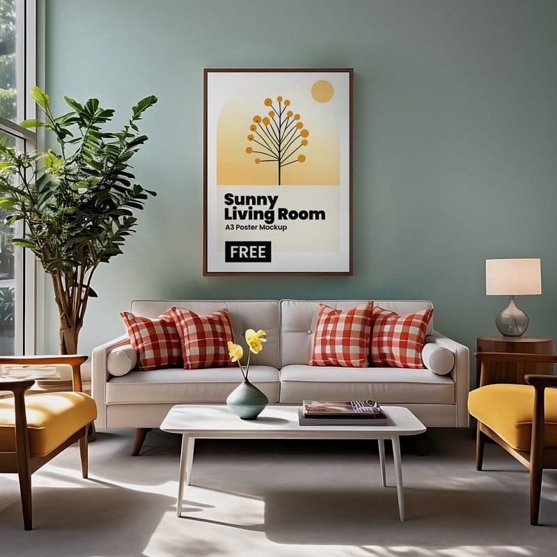 Sunny Living Room A3 Poster Mockup PSD