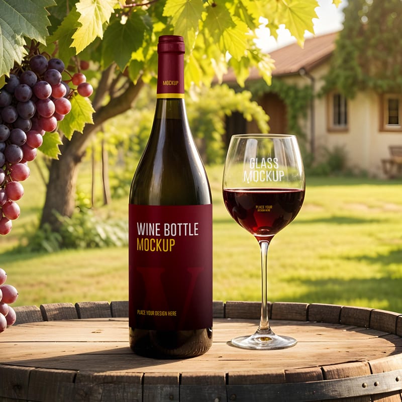Wine Bottle on a Barrel Mockup PSD