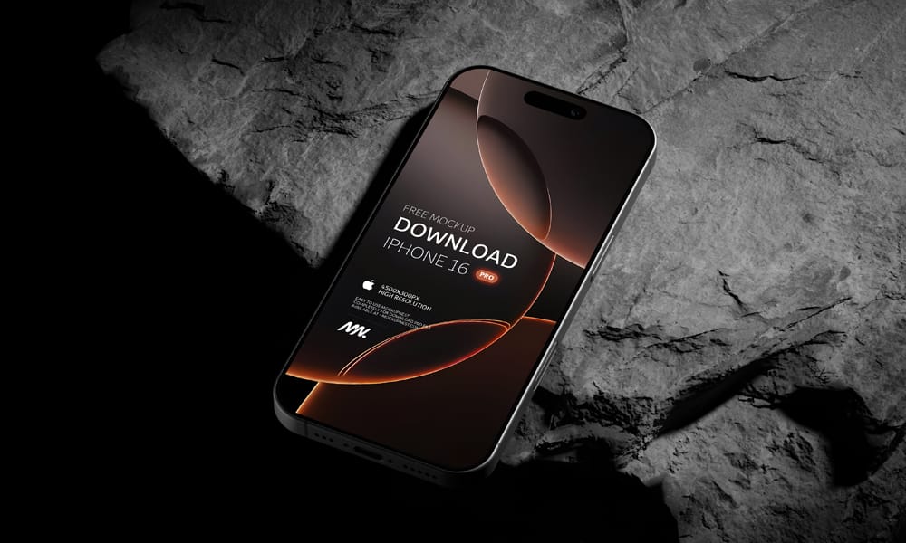 Black Titanium iPhone 16 Pro Mockup On Rock