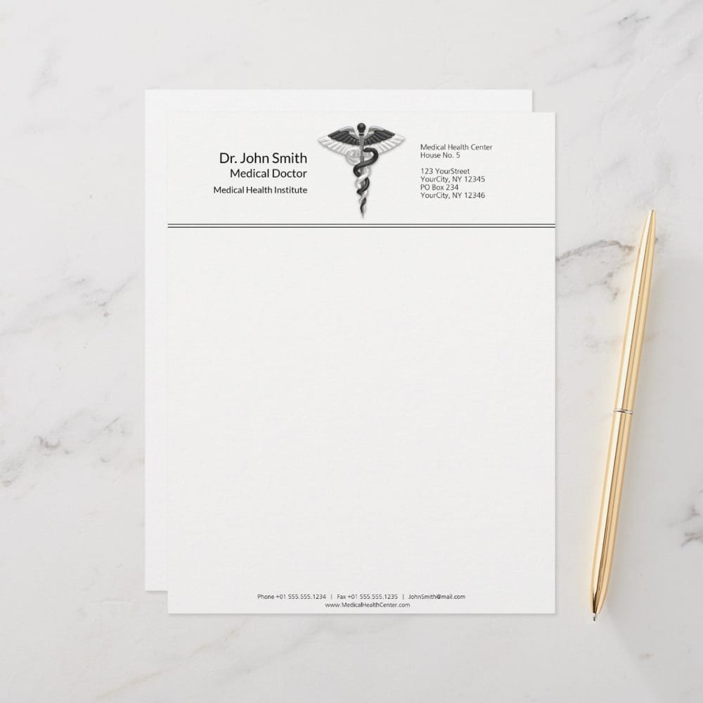 Black White Medical Classy Noble Caduceus Letterhead