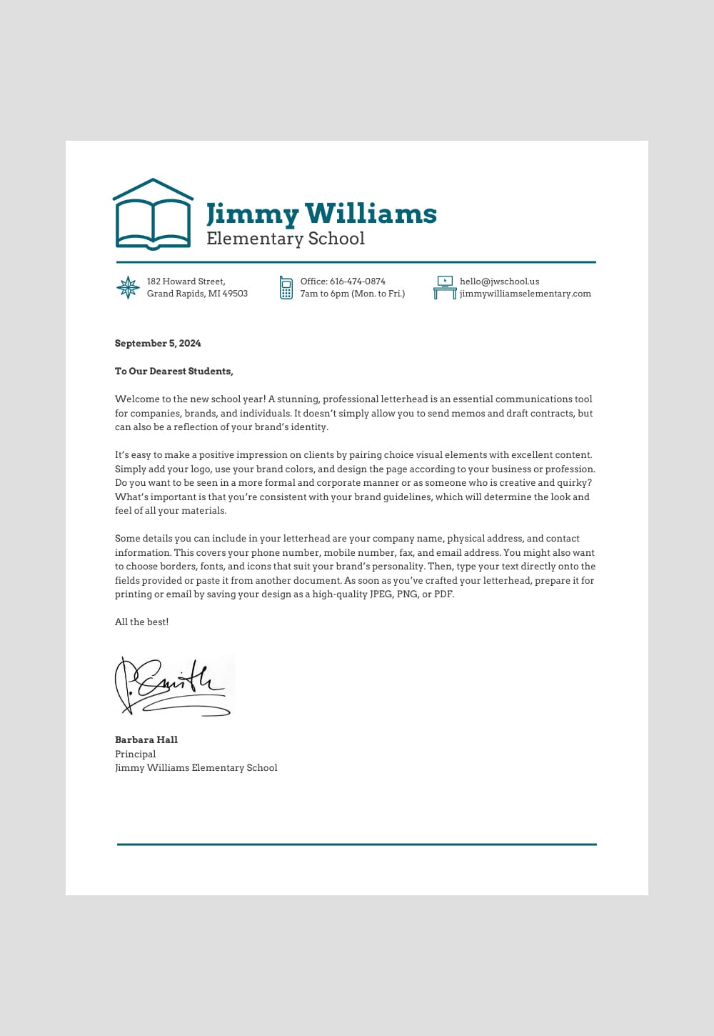 Elementary School Principal Letterhead Template