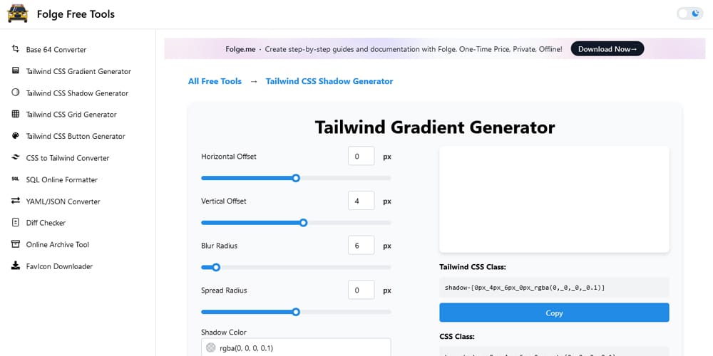 The Folge Tailwind CSS Shadow Generator, showing its straightforward UI and direct Tailwind CSS Class output.