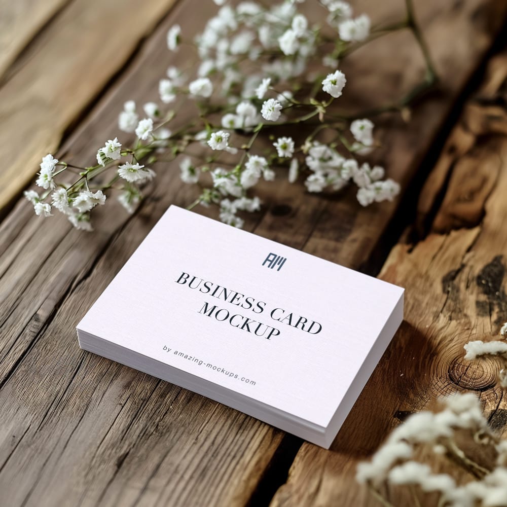 Free Business Cards Mockup on Rustic Table PSD