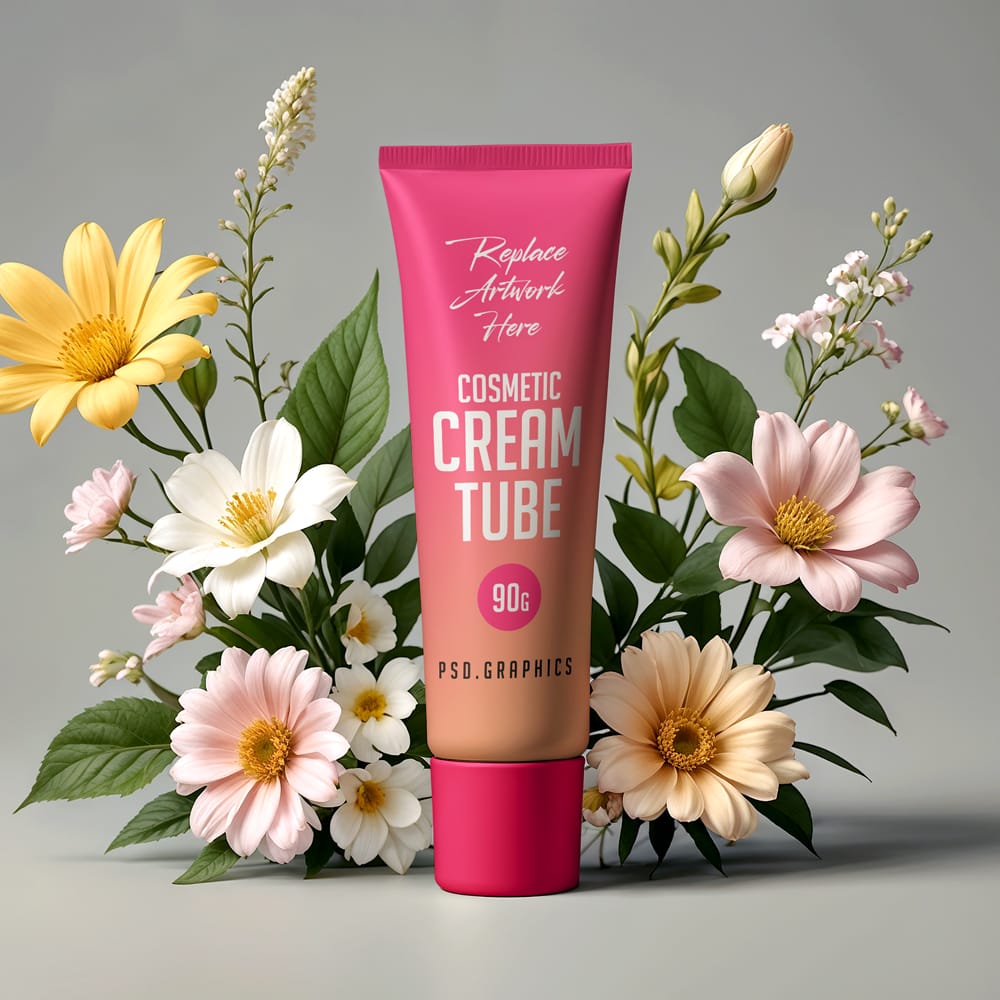 Free Cosmetic Cream Tube with Flower Mockup PSD