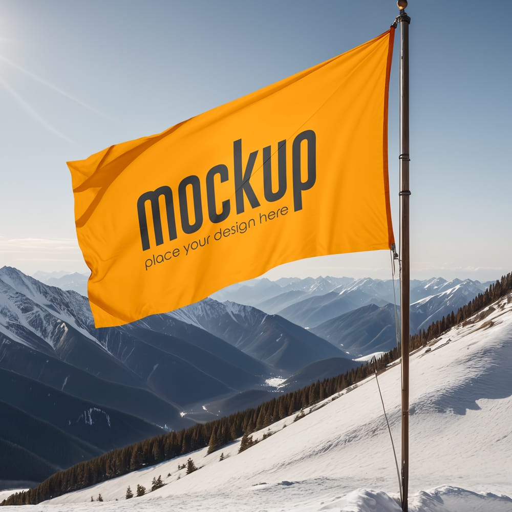 Free Flag Planted on Snow Mountain Mockup PSD