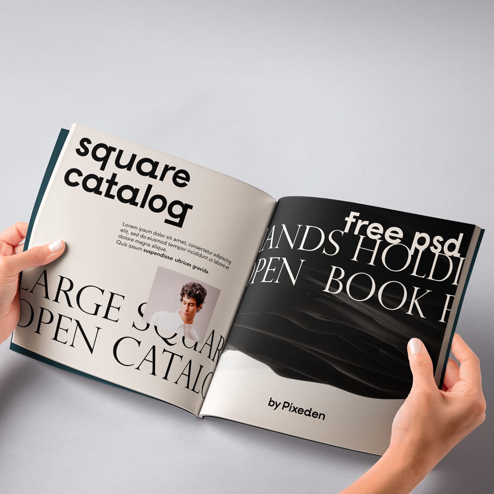 Free Hand Holding Square Catalog Mockup PSD