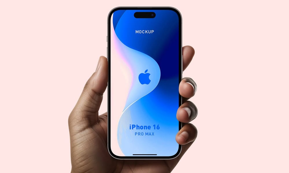 Free Hand Holding iPhone 16 Pro Max Mockup PSD