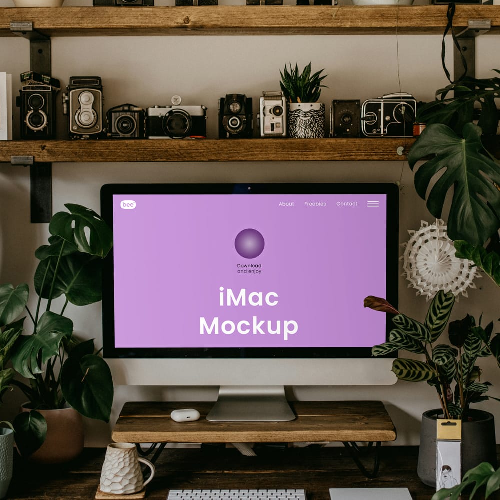 Free Home Office iMac with Plants Mockup PSD