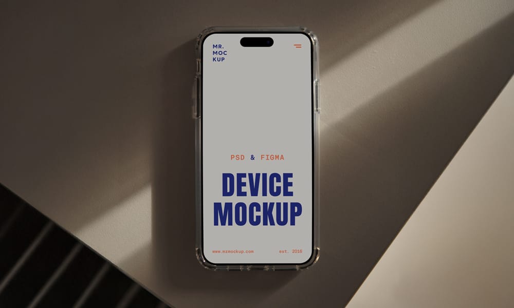 Free Laying iPhone 16 Pro on Table Mockup PSD