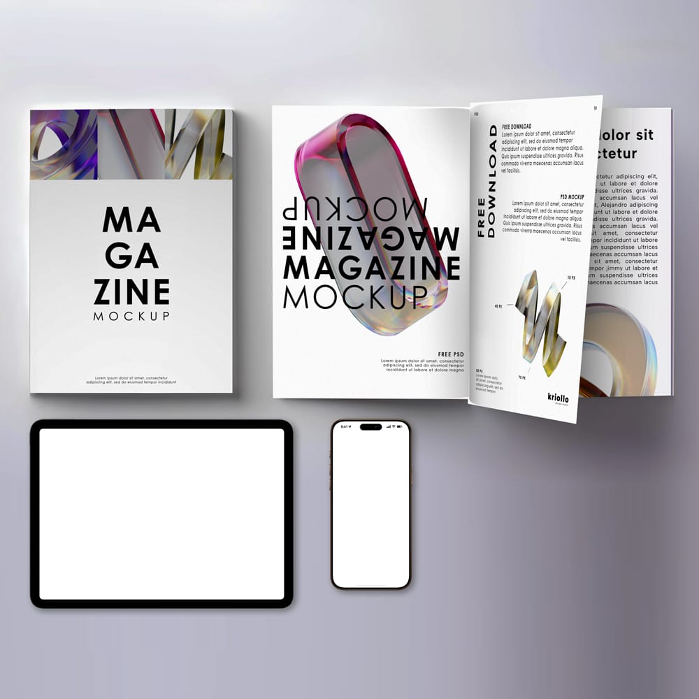 Free Magazine with Device Mockup PSD