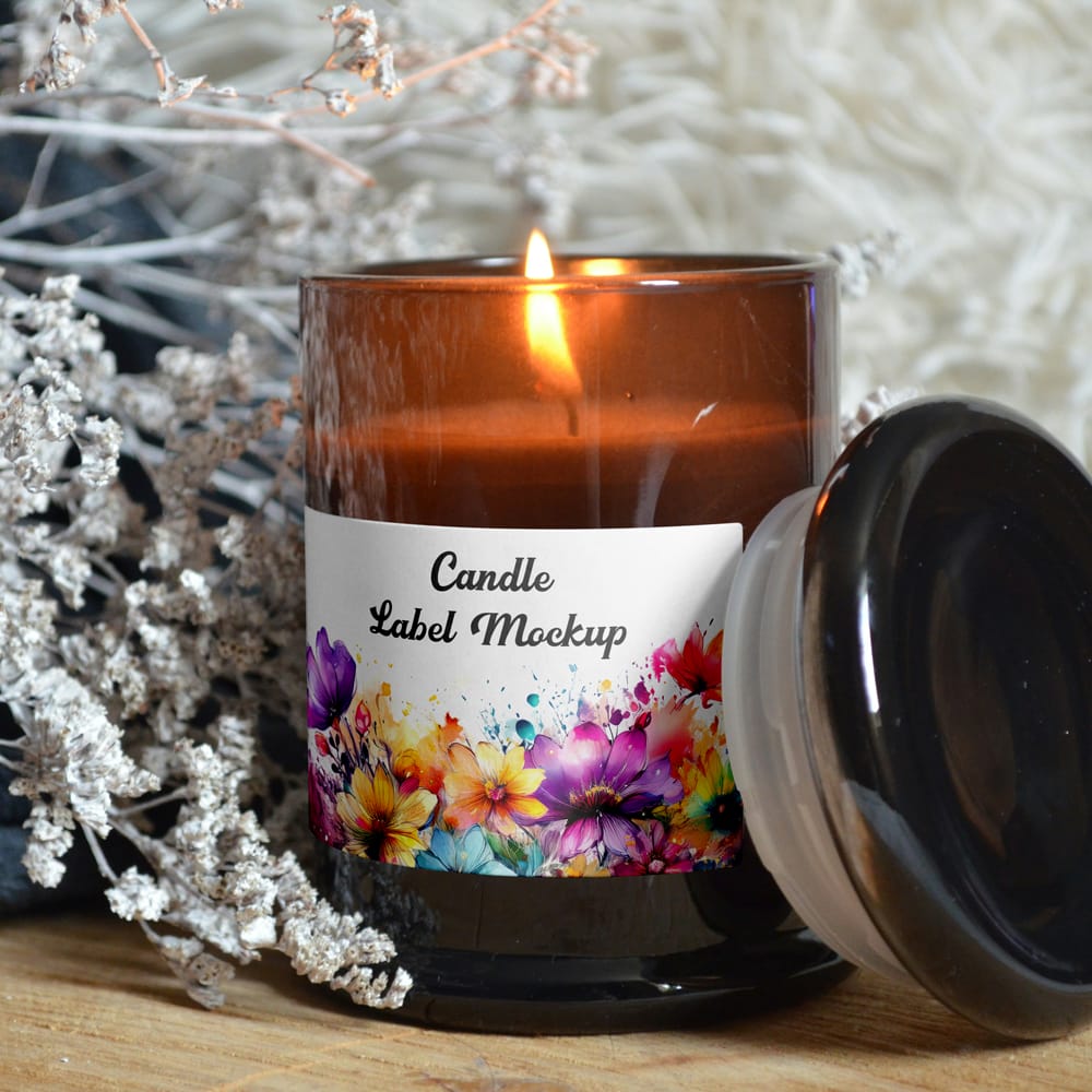 Free Open Candle with Label Mockup PSD