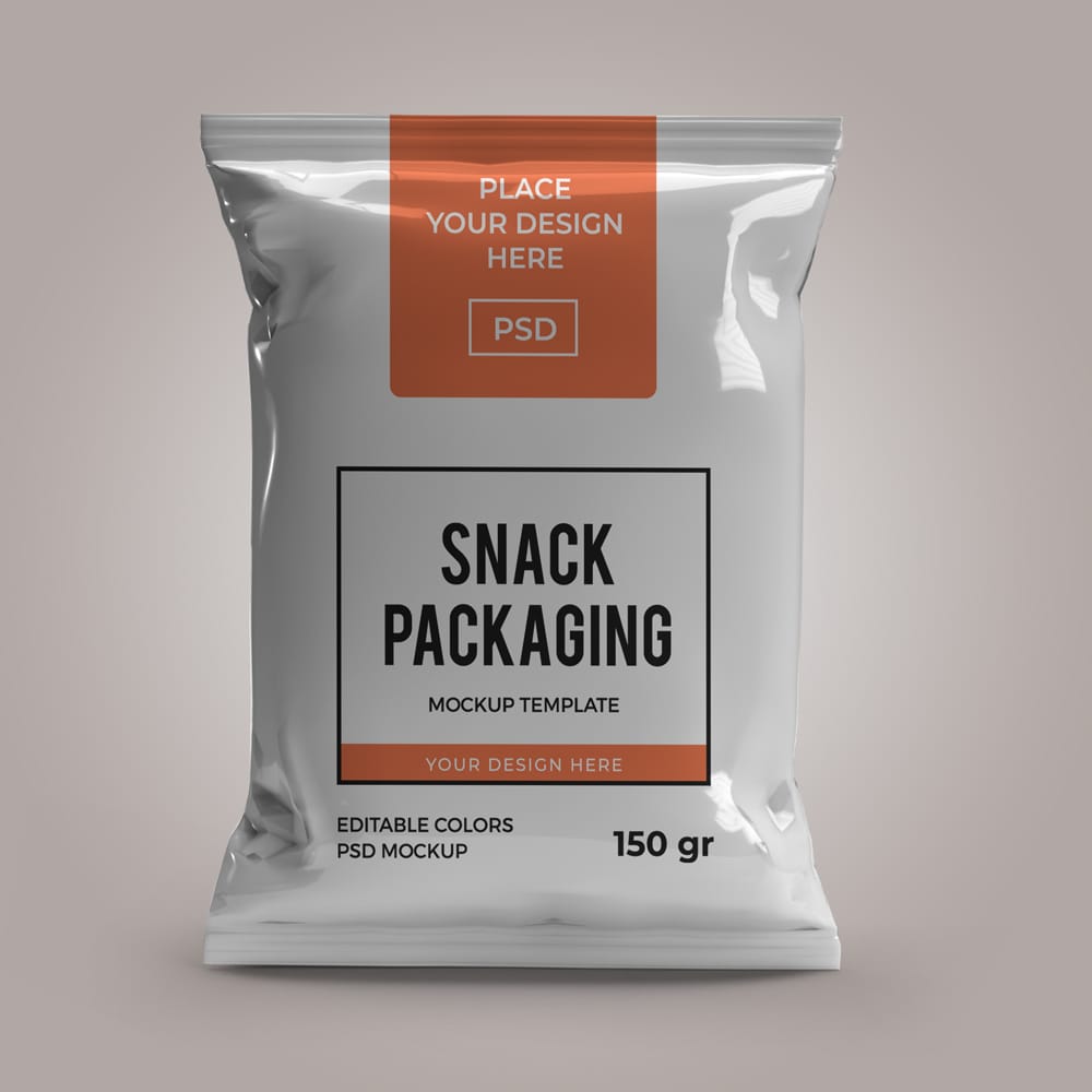 Free Snack Pouch Packaging Mockup Template PSD