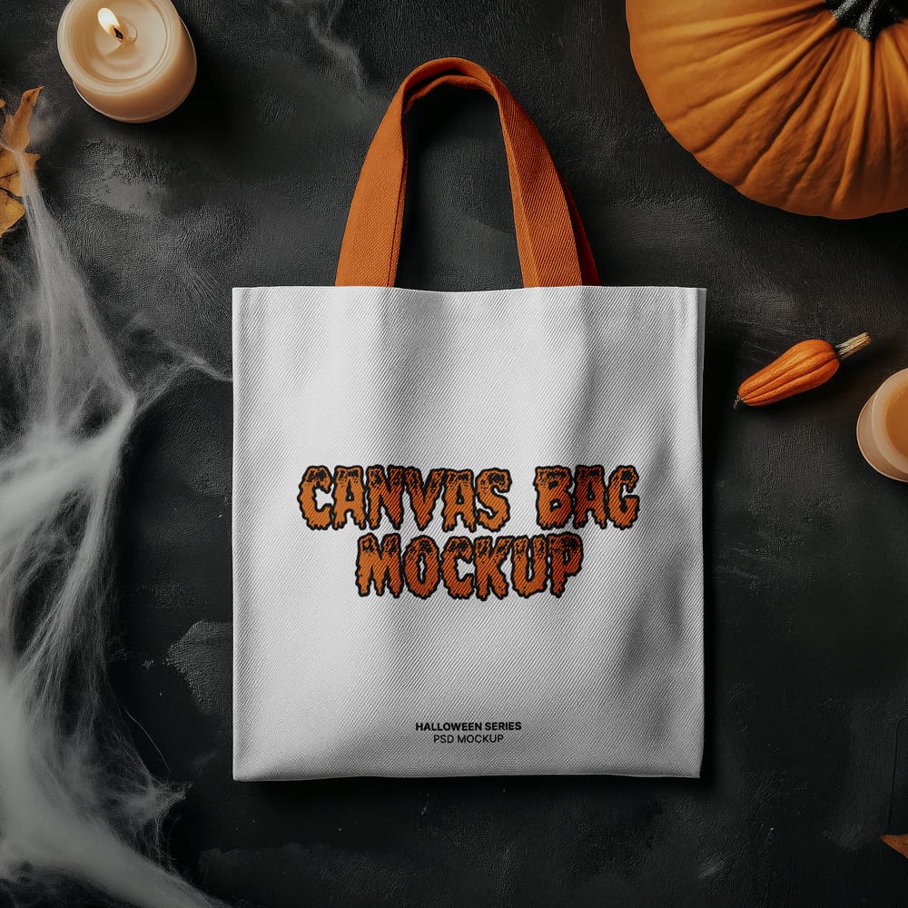 Free Top View Halloween Canvas Bag Mockup PSD