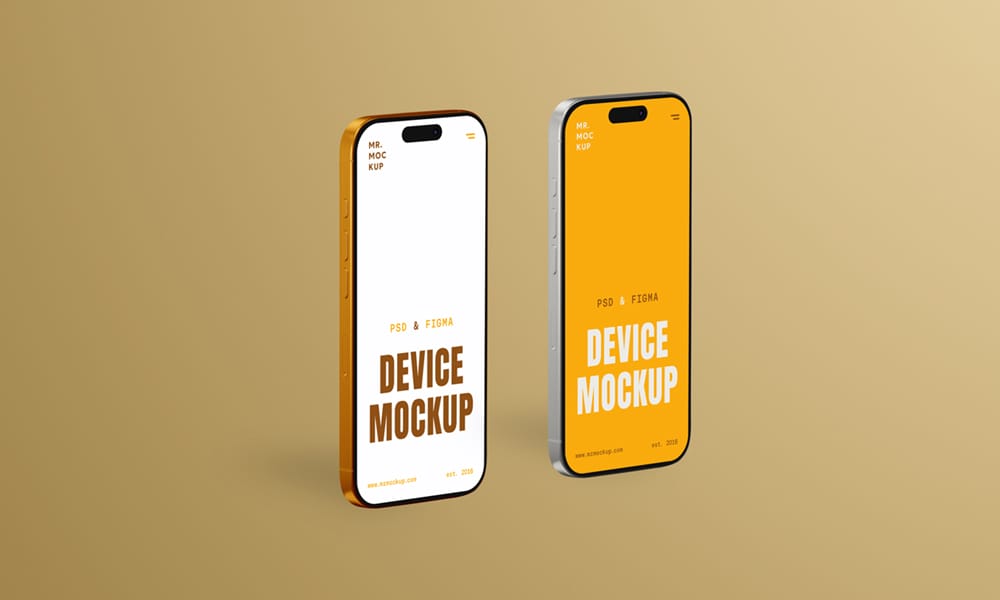 Free Two Standing iPhone 16 Pro Mockups PSD