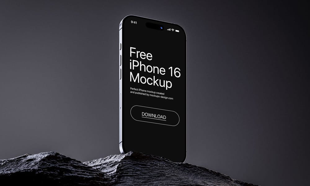 Free iPhone 16 on the Rock Mockup PSD