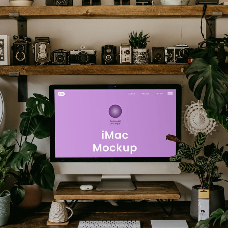Home Office iMac with Plants Mockup PSD