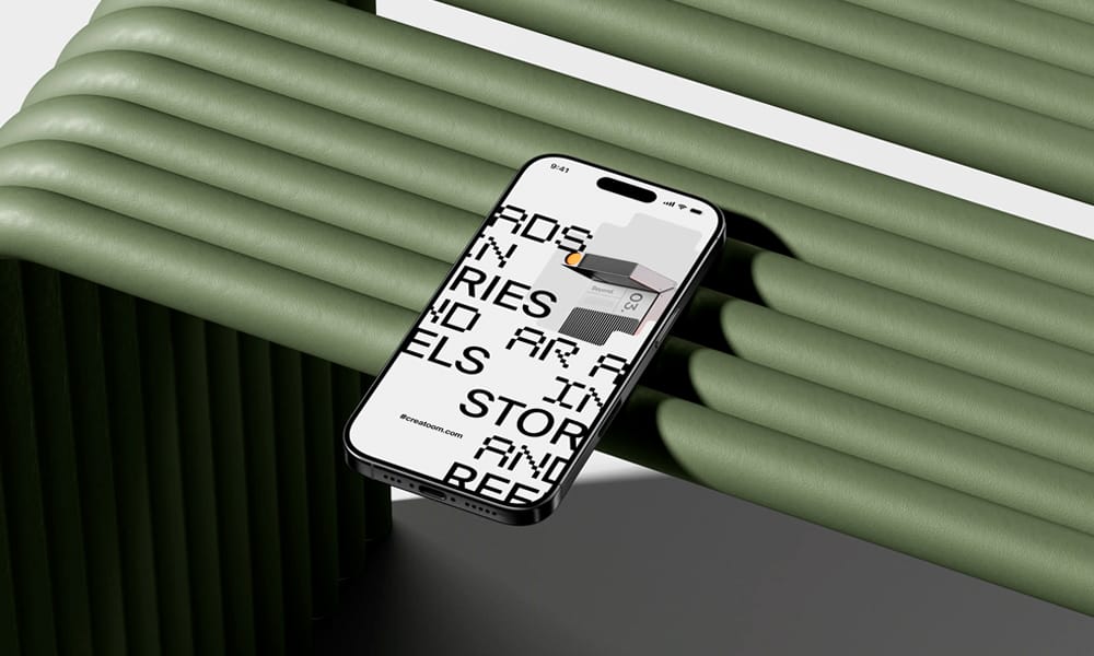 Iphone 16 Pro Mockup On The Bench Isometric PSD