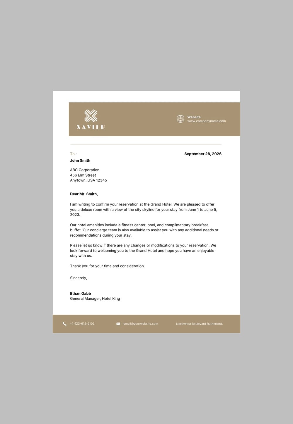 Light Taupe Minimalist Hotel Letterhead Template