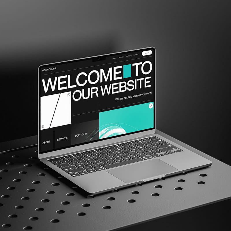 MacBook on a Black Table Mockup PSD