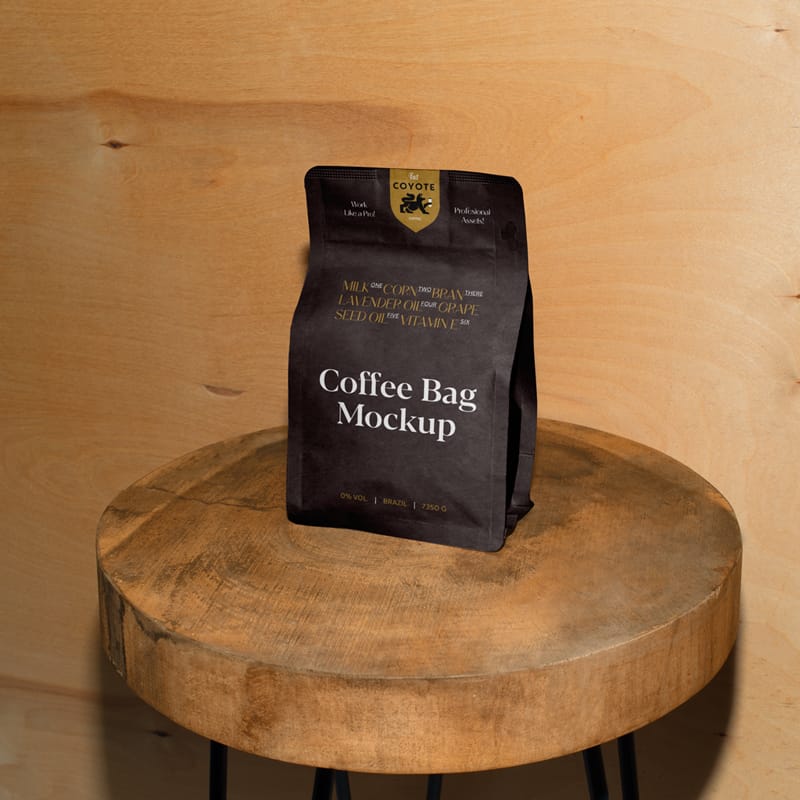 Paper Coffee Bag on Wooden Stool Mockup PSD