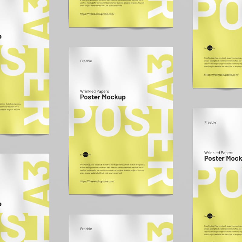 A3 Wrinkled Papers Poster Mockup PSD