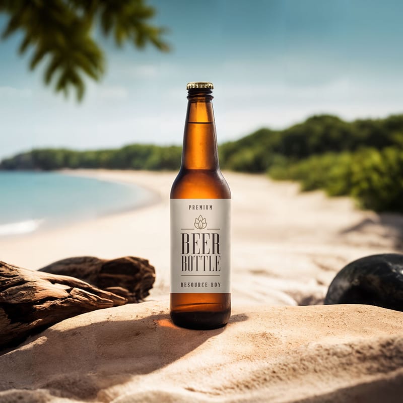Beer Bottle Mockup on the Beach PSD