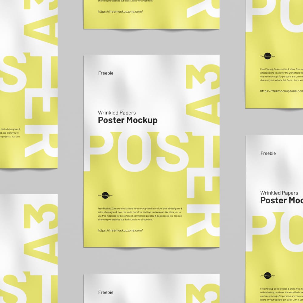 Free A3 Wrinkled Papers Poster Mockup PSD