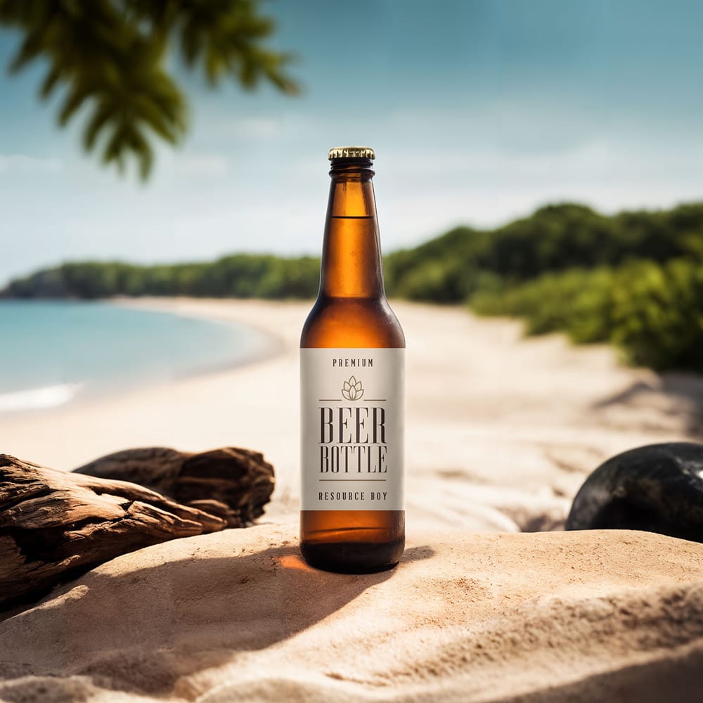 Free Beer Bottle Mockup on the Beach PSD