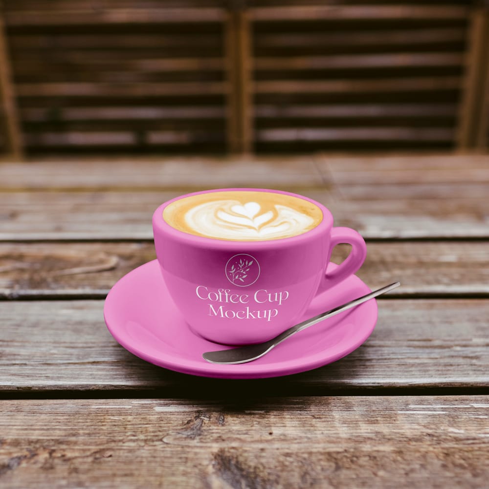 Free Coffee Cup on Table Mockup PSD