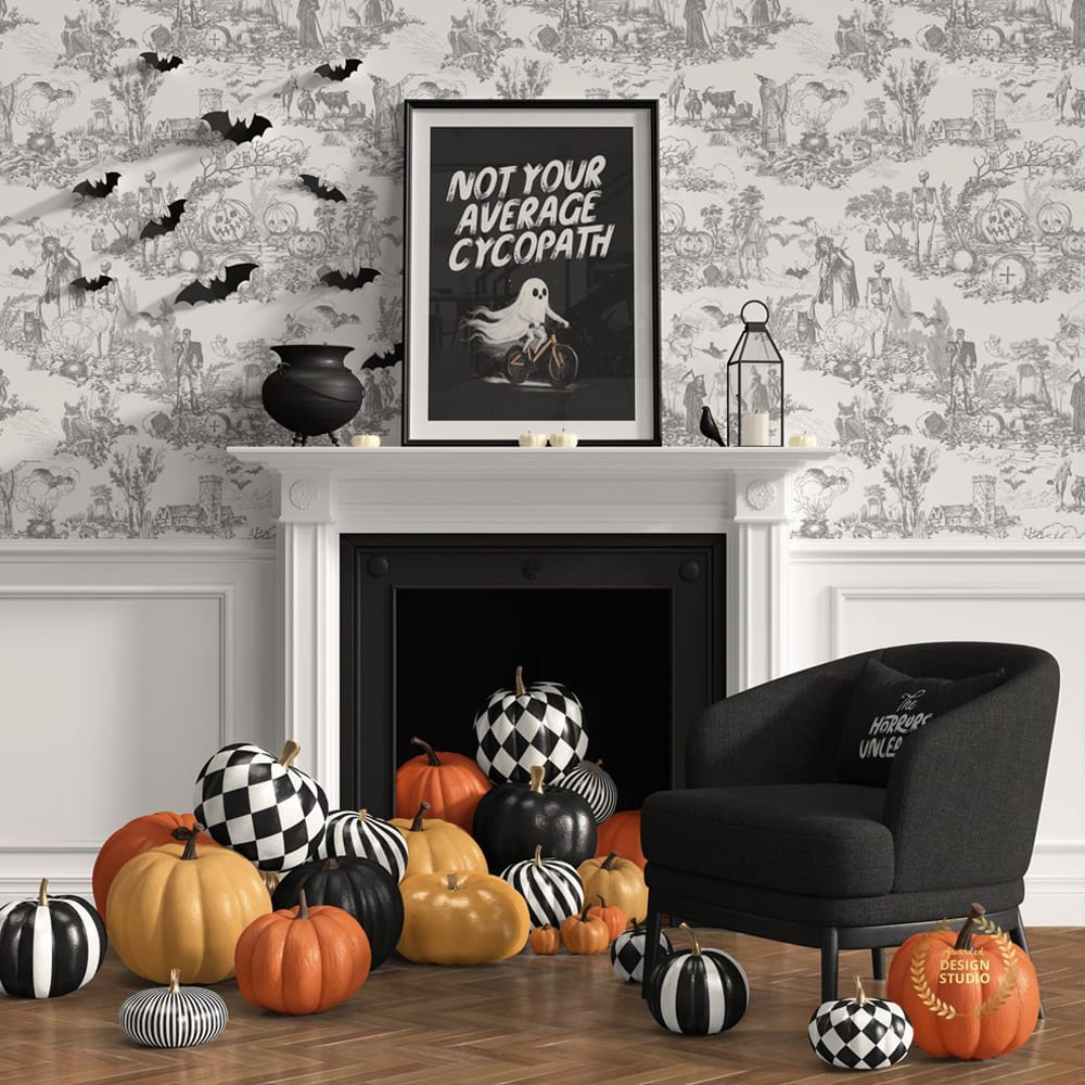 Free Halloween Themed Interior with Fireplace Mockup PSD