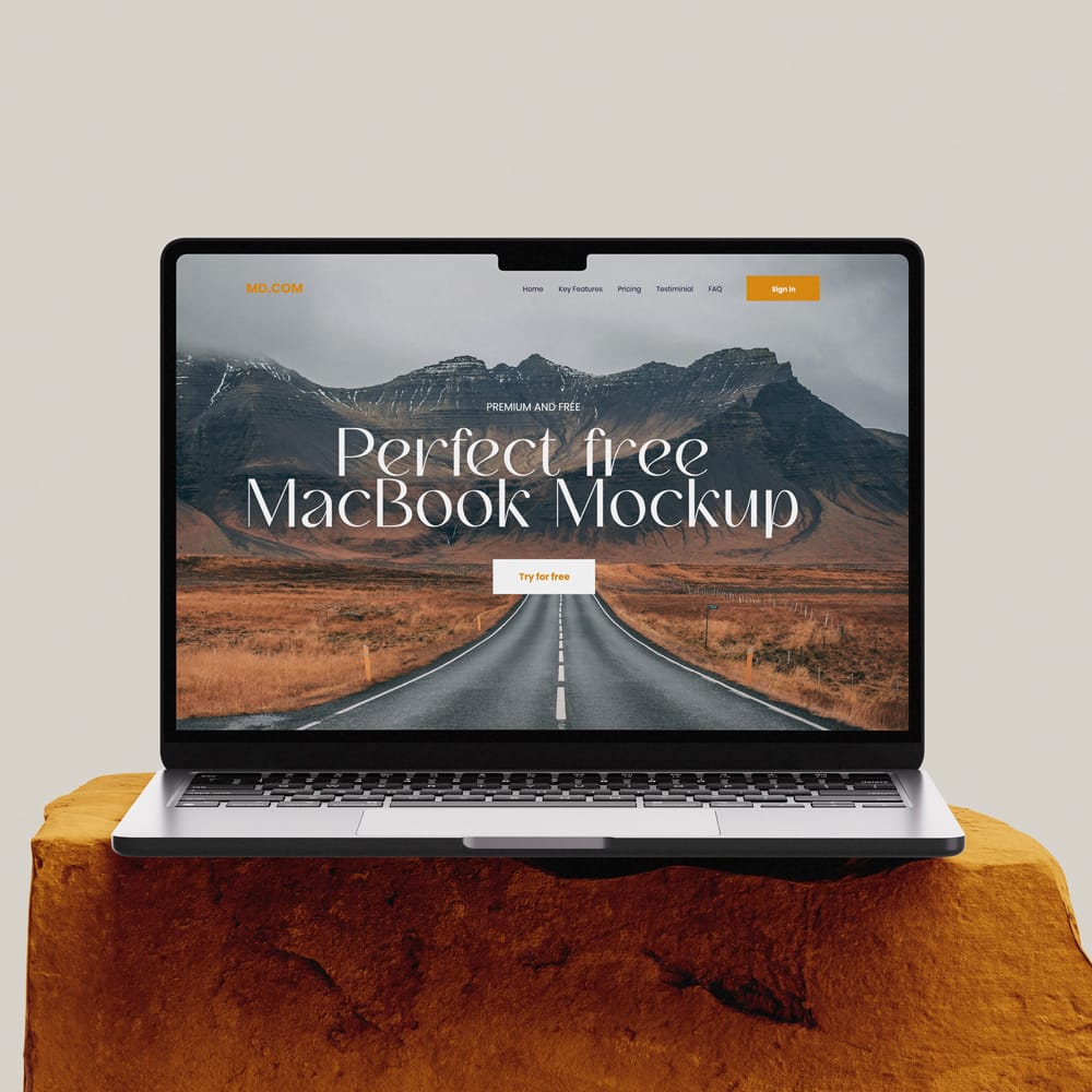 Free Minimal Macbook Mockup on Stone PSD