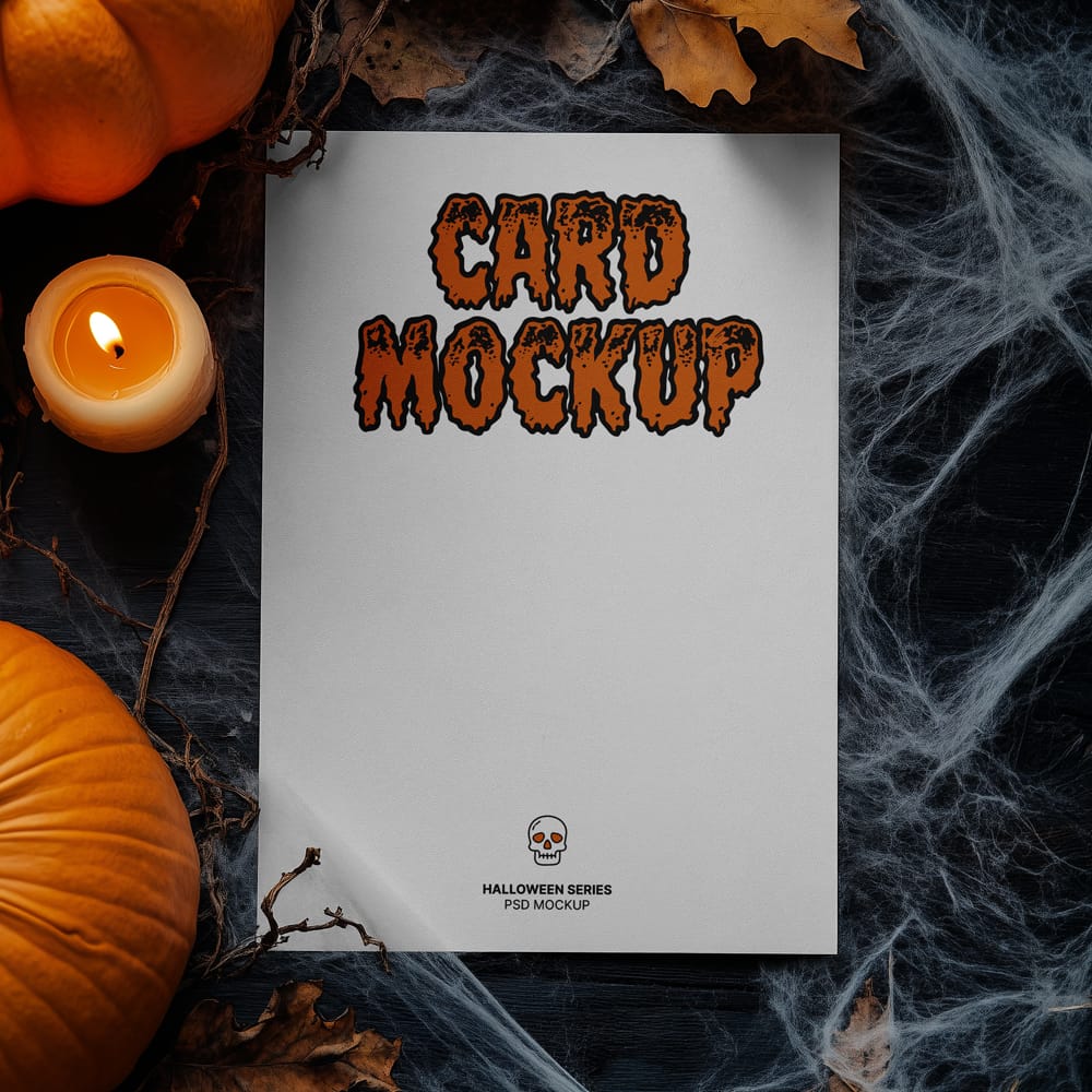 Free Top View Halloween A4 Card Mockup PSD