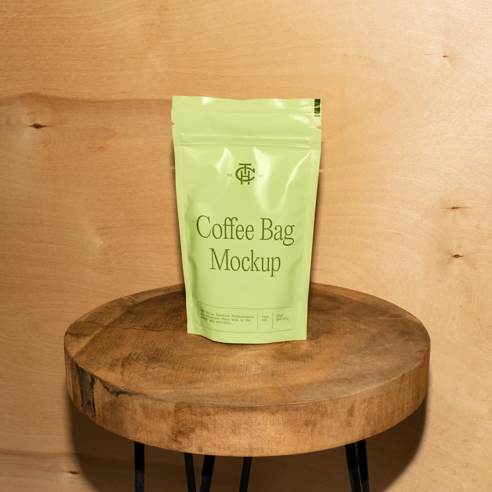 Free Vertical Coffee Bag on Stool Mockup PSD