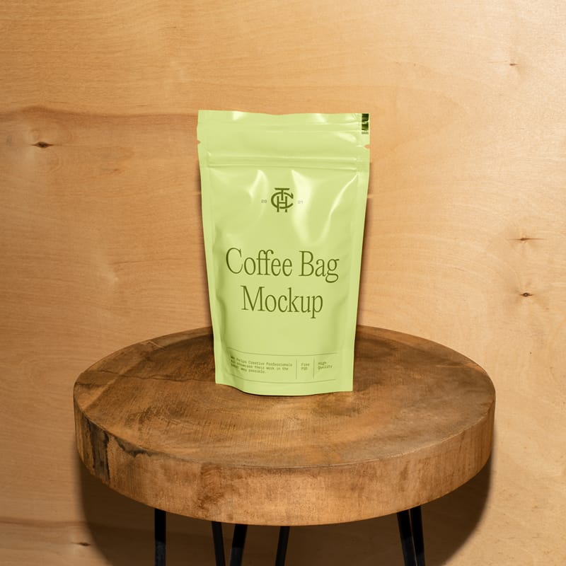 Vertical Coffee Bag on Stool Mockup PSD