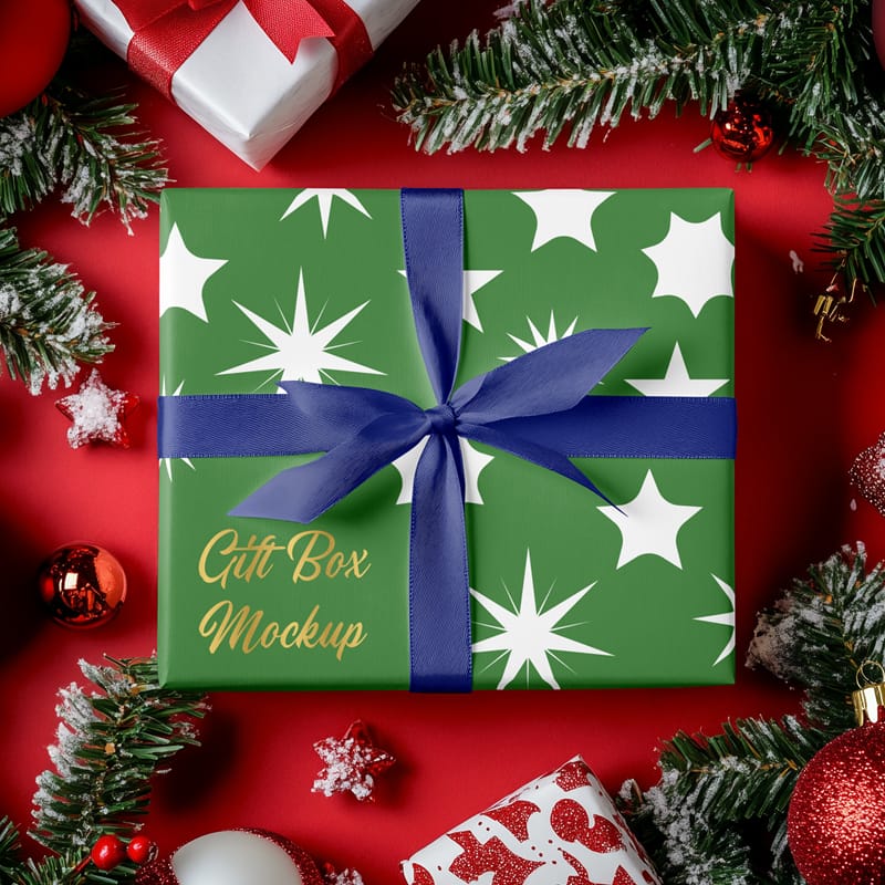 Wrapped Christmas Gift Box Mockup PSD