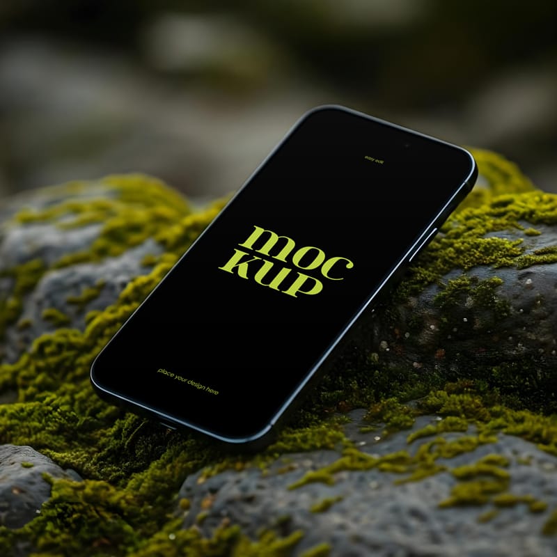 iPhone on Mossy Rock Mockup PSD