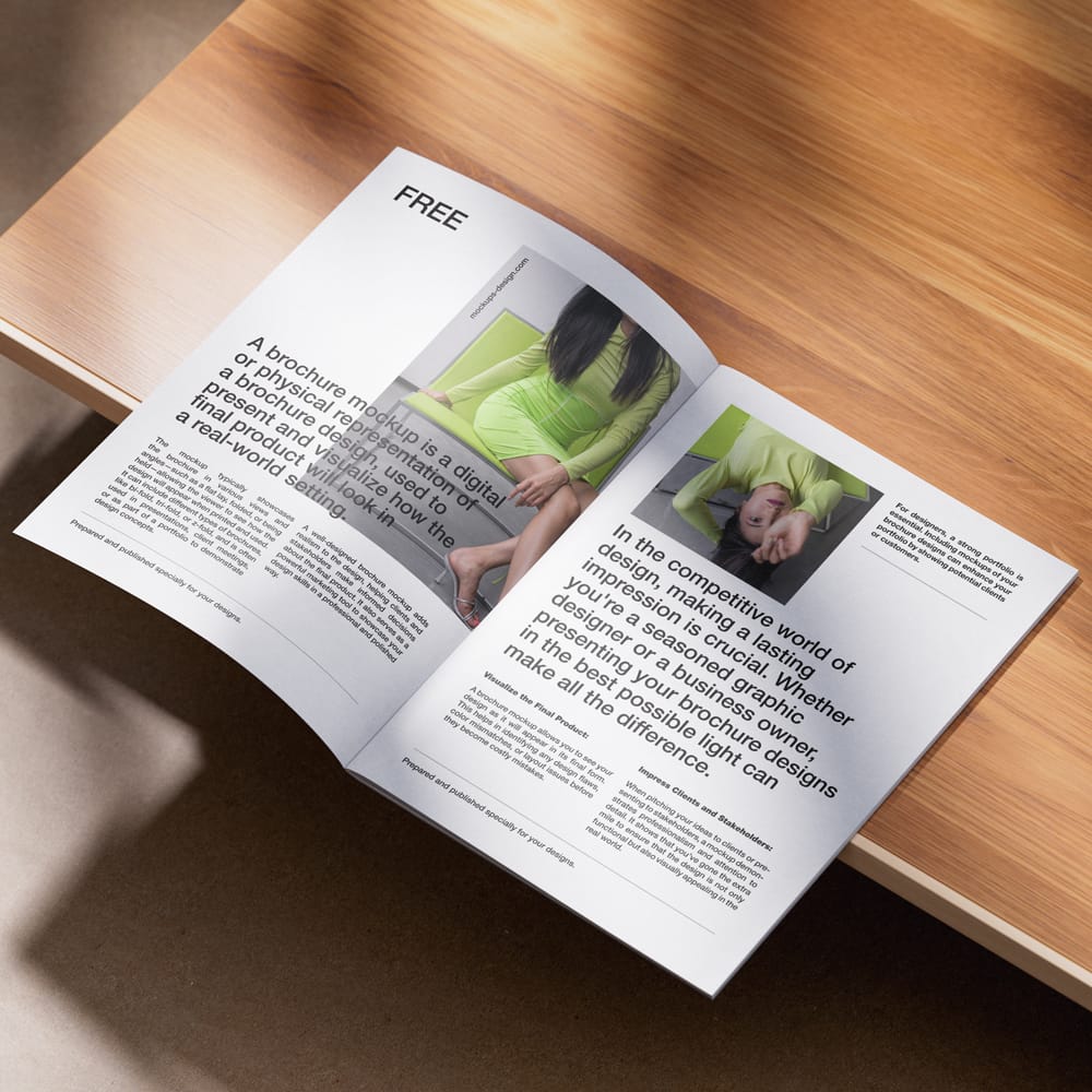 Free A4 Brochure on Wood Mockup PSD