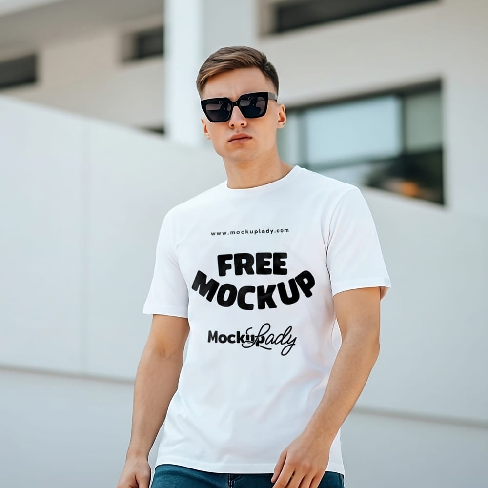 Free Mockup of Man in White T-Shirt PSD