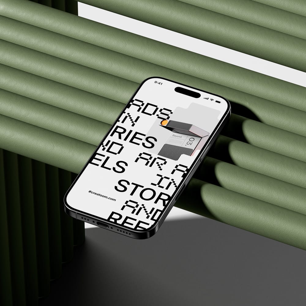 Free iPhone 16 Pro Mockup On The Bench Isometric PSD