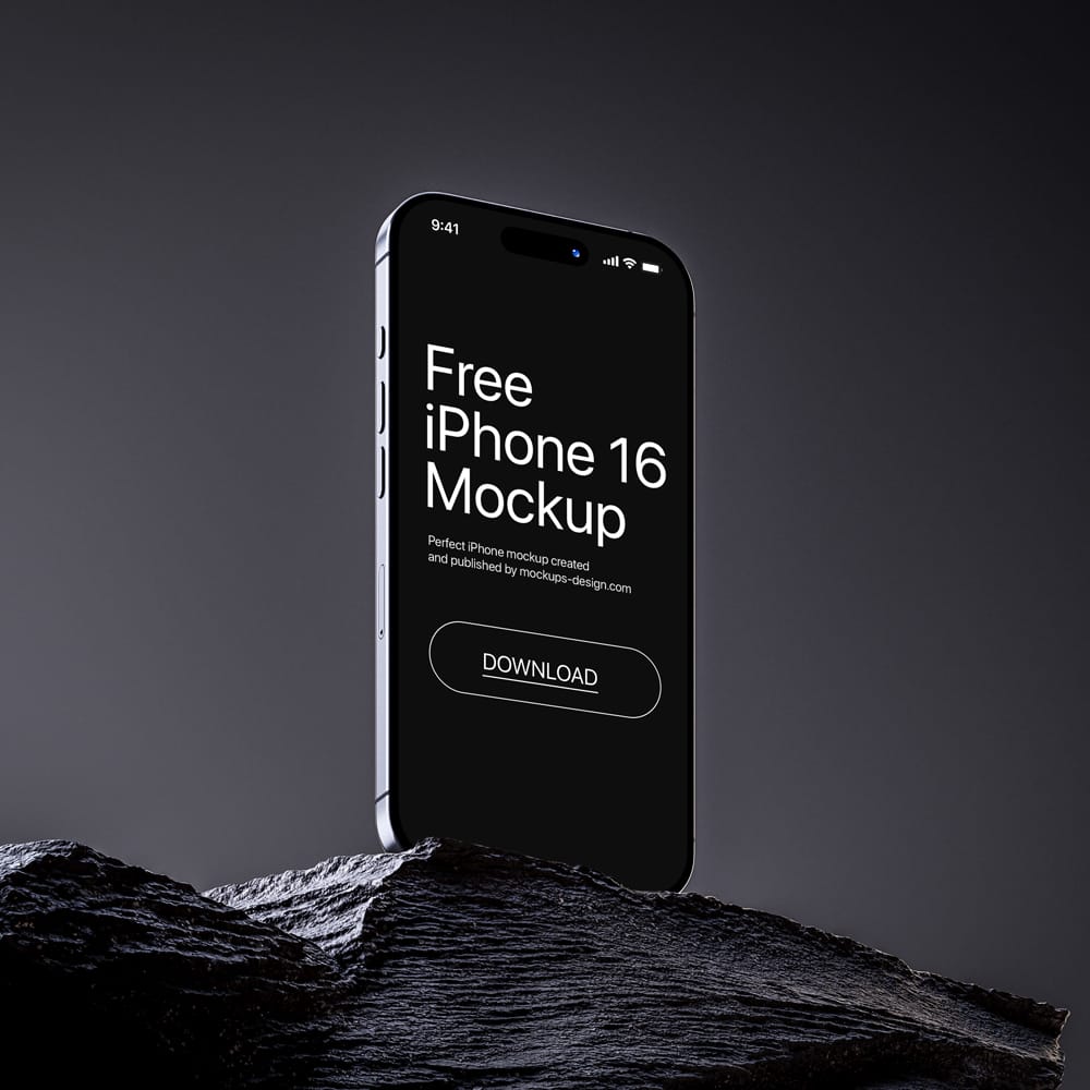 Free iPhone 16 on the Rock Mockup PSD