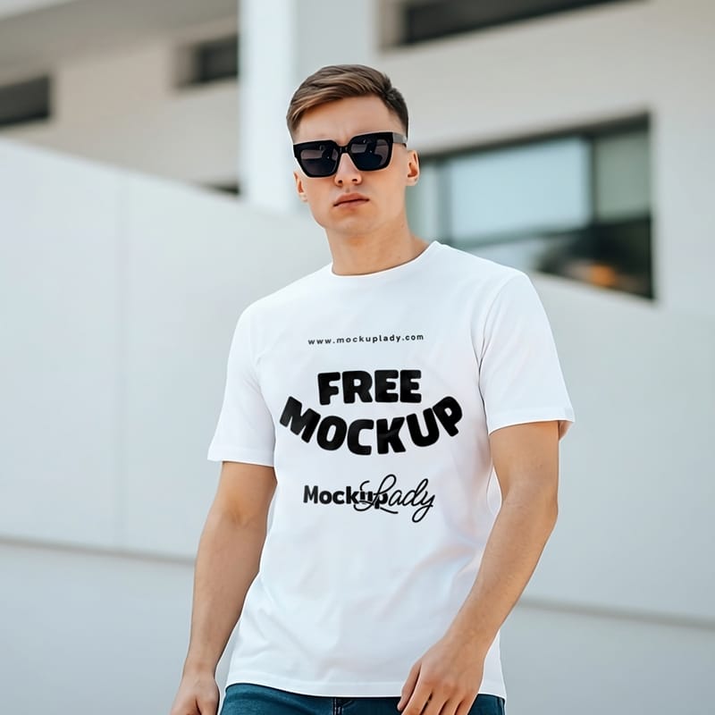 Mockup of Man in White T-Shirt PSD