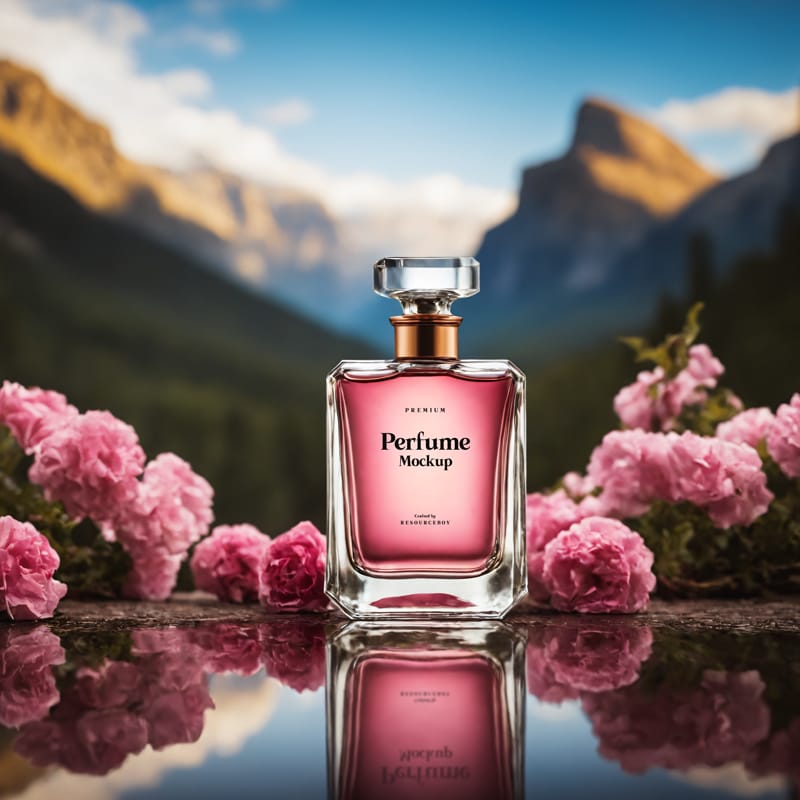 Perfume Bottle Mockup with Flowers PSD